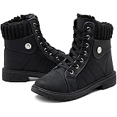 Waluzs Women's White & Black Ankle Combat Boots - Fuzzy Lace Up Snow Boots For Winter