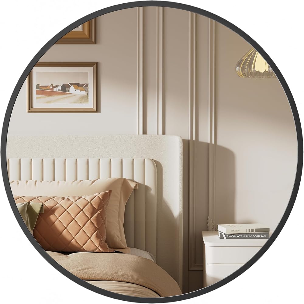 SONGMICS Round Mirror 40.7 cm Black Aluminum Frame LWM104B01