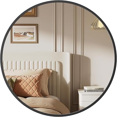 SONGMICS Round Mirror 40.7 cm Black Aluminum Frame LWM104B01