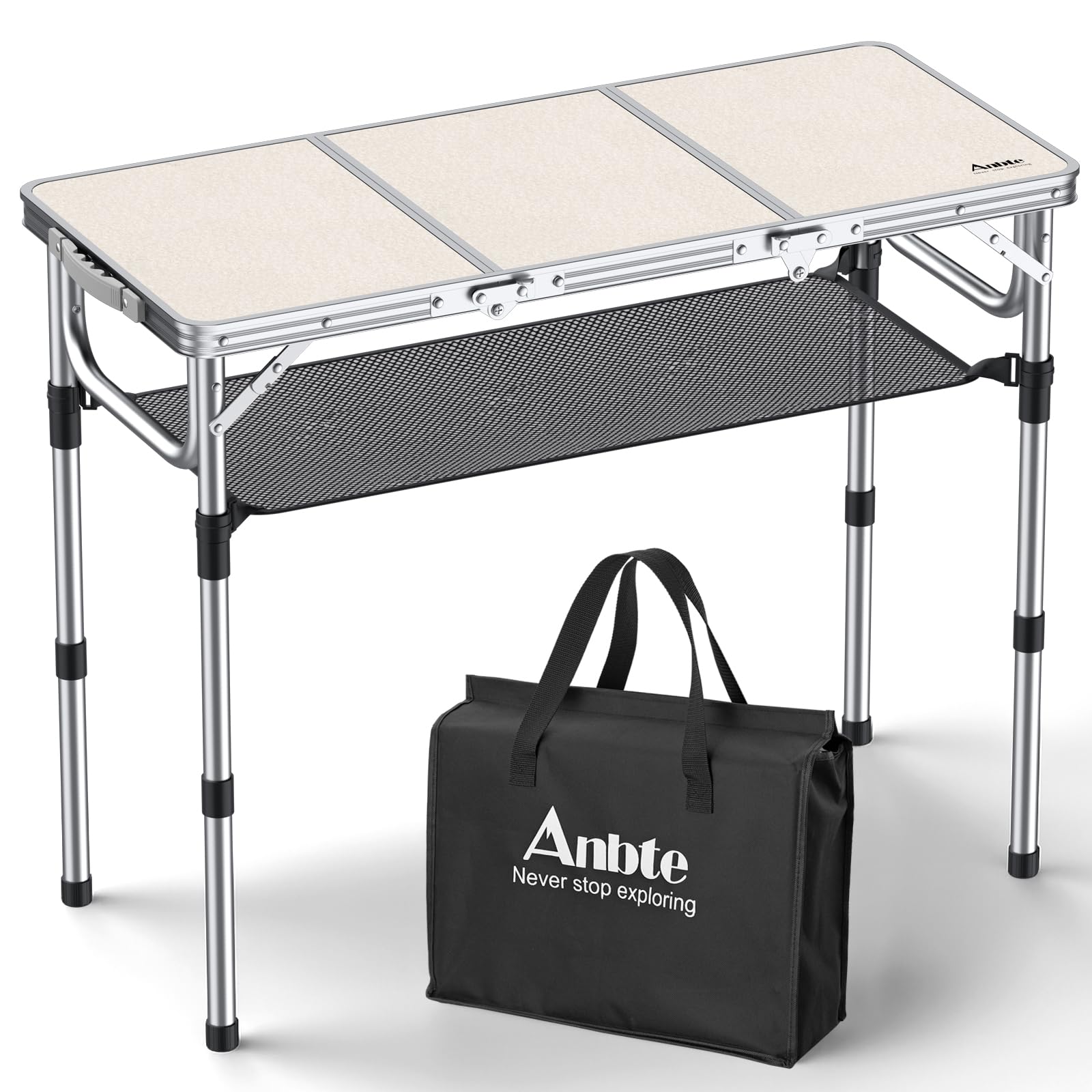 Anbte Folding Camping Table with Storage Net, 3ft Camping Table Aluminum Folding Table with 3 Adjustable Height Max 27.1 Inch, Portable, for Outdoor Backyard BBQ, Silver Image