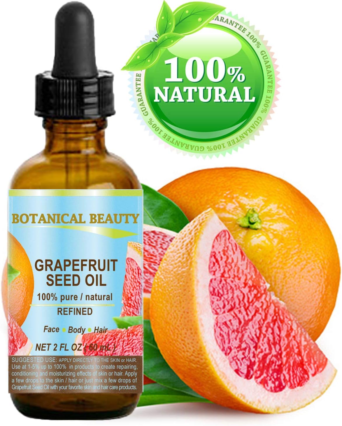 Botanical BeautyGRAPEFRUIT SEED OIL. 100% Pure Natural Undiluted Refined COLD PRESSED CARRIER OIL (NOT ESSENTIAL OIL) . 2 Fl.oz.- 60 ml. For Skin, Hair and Lip Care. Rich in natural vitamin C