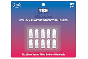 TBE LIGHTING Replacement 12 Volt, 5w T3 1/4 Wedge Base Xenon Bulbs, Pack of 10 Low Voltage Wedge Base Bulbs W5W for Landscape, RV and Cabinet Lighting T10 Dimmable Clear Bulb.