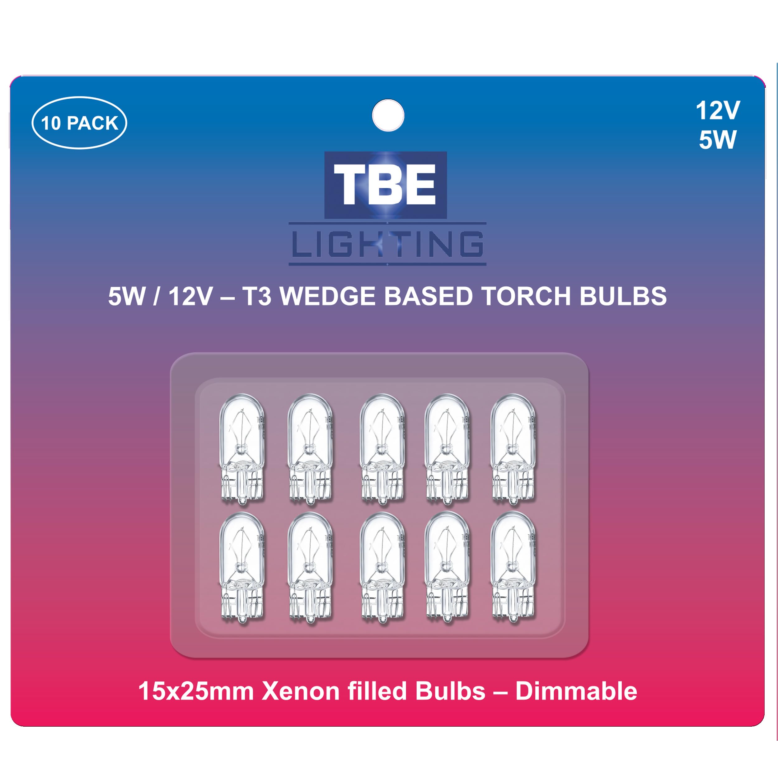 TBE LIGHTING Replacement Car Side Light Bulbs/Indicator Repeater Bulb/Licence Plate Lights/Dashboard Lights - Part 501 W5W - Dimmable 5w Xenon Capless T5 Wedge Base 12 Volt - Pack of 10 Bulbs