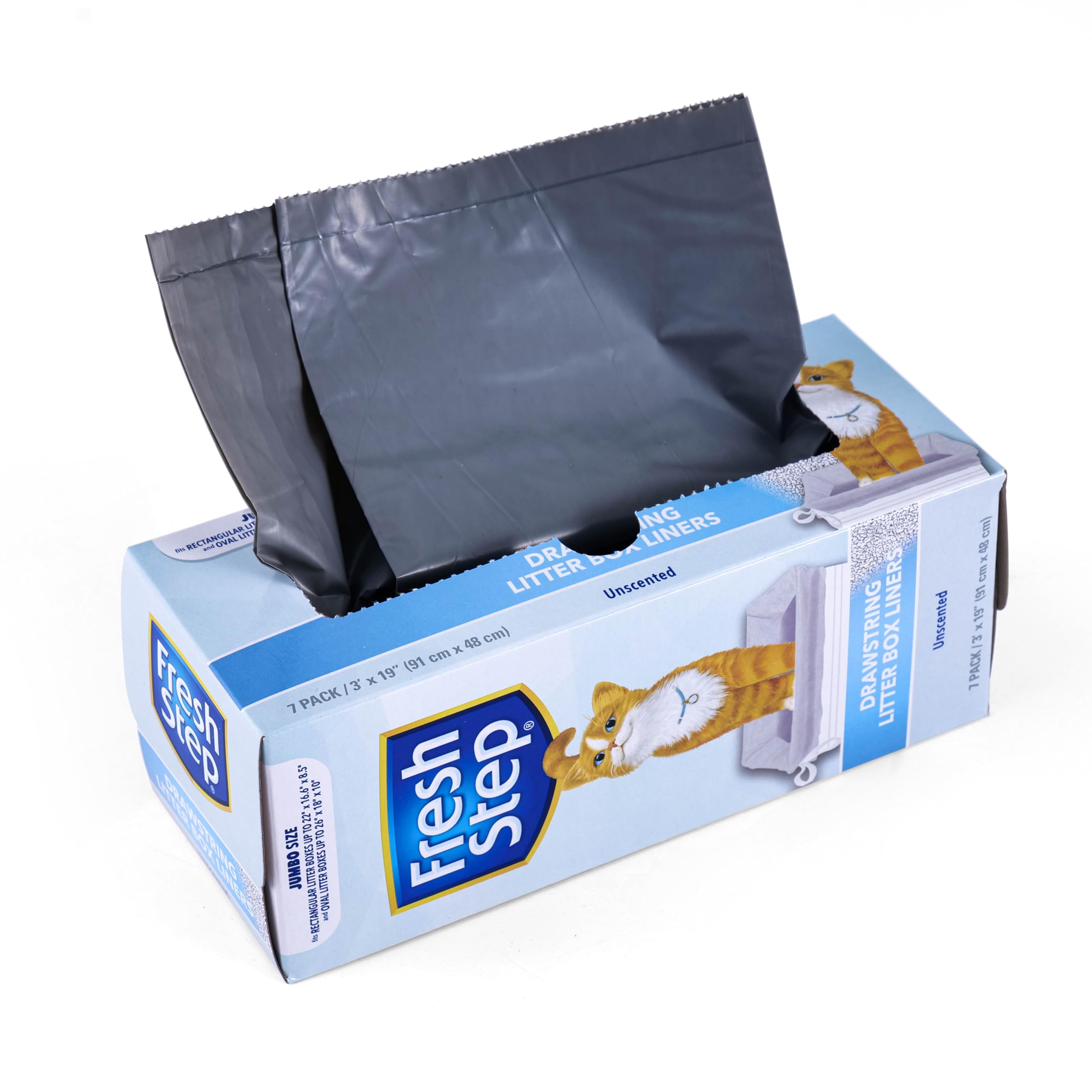 Fresh Step Drawstring Cat Litter Box Liners, Unscented, Jumbo Size, 36" x 19" - 7 Count | Kitty Litter Bags, Cat Litter Liners for All Cats to Keep Your Home Clean