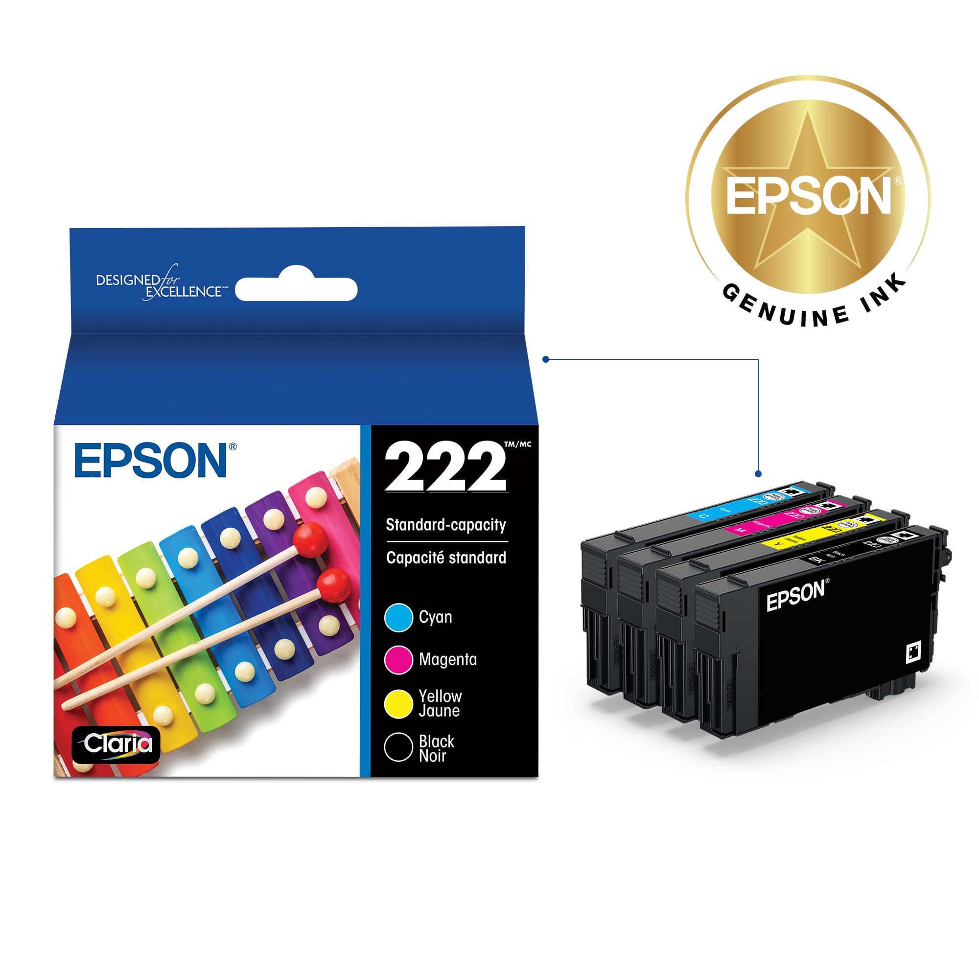 EPSON 222 Claria Ink Standard Capacity Black & Color Cartridge Combo Pack (T222120-BCS) Works with WorkForce WF-2960, Expression XP-5200