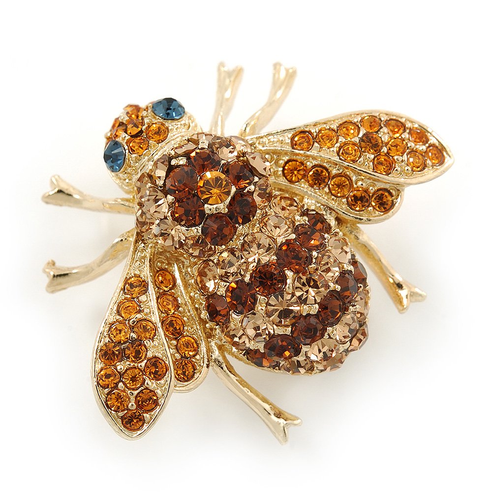 Amber/Light Topaz Austrian Crystal 'Bee' Brooch In Gold Tone Plating - 30mm