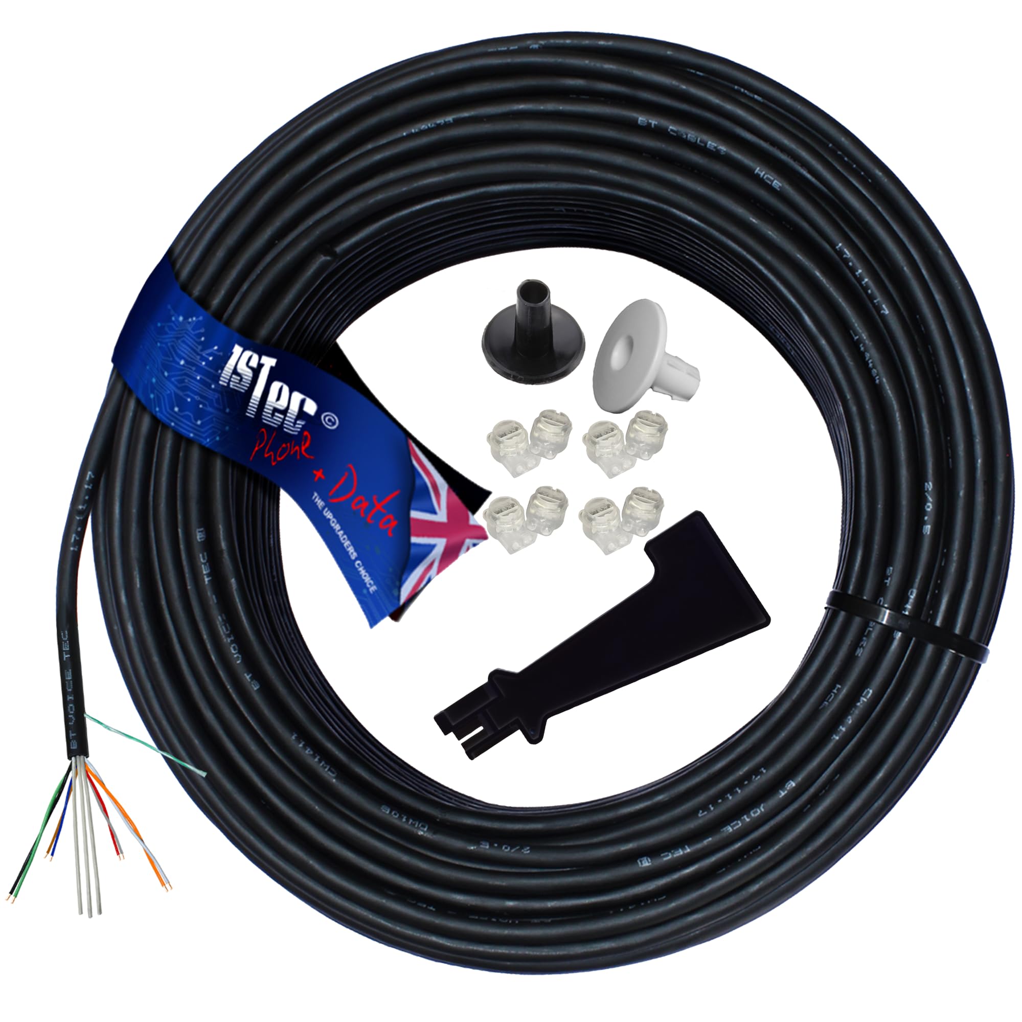 1STec 30m Roll of Genuine BT CW1420 Dropwire 15 Overhead 4 Pair 8 Solid Copper Cores for Outdoor Telephone Drop Wire Main Line British Cable + Crimps + 2 Entry Grommets + IDC Insertion Tool 30 Metre