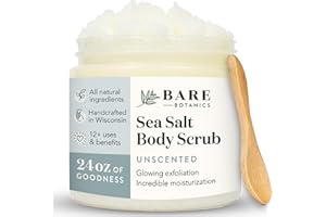 Bare Botanics Unscented Body Scrub 24 oz - Naturally Scented Sea Salt Scrub Made in Madison, WI - Formulated w/Skin Loving Moisturizers - Vegan, Cruelty Free Exfoliator w/a Cute Wooden Spoon
