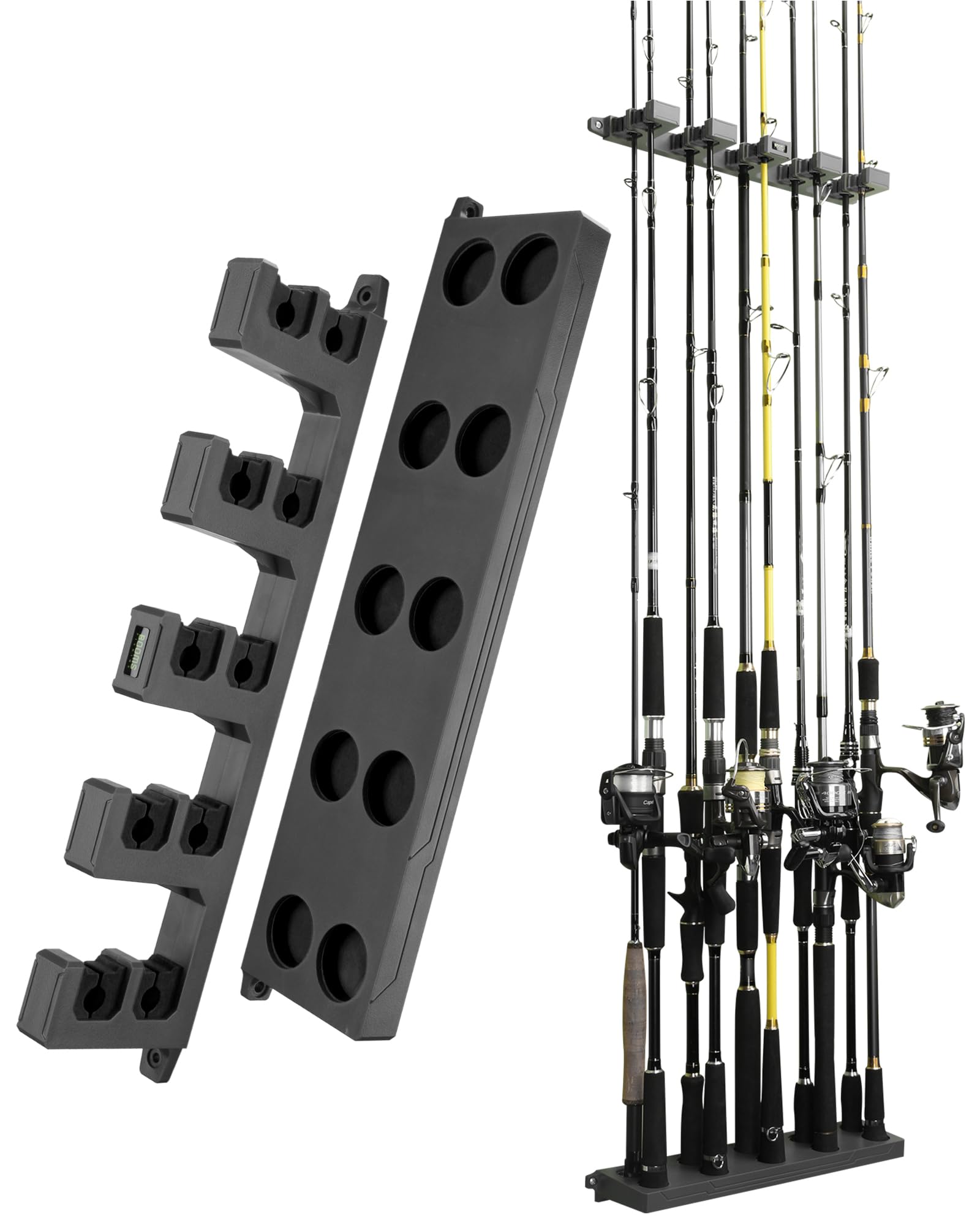 Booms Fishing WV4 Fishing Pole Holder, Wall Mounted Fishing Rod Holders for Garage, Vertical/Horizontal/Ceiling Fishing Pole Rack,Store Up to 10 Rods to Save Your Space, Gray + Black