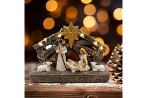 sopuatsre Nativity Scene with Lights, Sculpted Hand Painted Nativity Sets Resin Figure, First Christmas Story Decoration Holy Family Manger Little People Nativity Set for Indoor Mantle Shelf Tabletop
