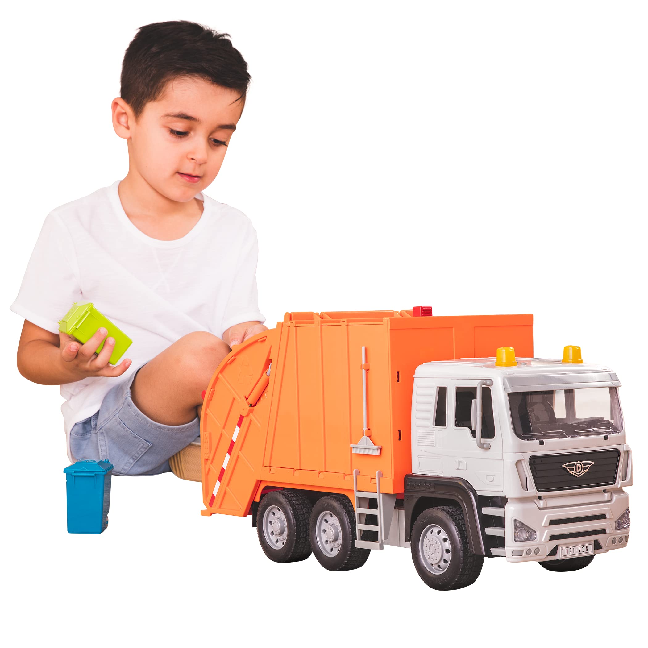 Driven by Battat - Large 18-Inch Orange Recycling Truck Toy for Kids – Lights & Sounds, Working Rear Loader & Bins – City Sanitation Vehicle – 3+ Years