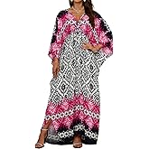 JILUVIN Kaftan Dresses for Women Plus Size V Neck Caftans Long Batwing Sleeve Beach Cover Ups Summer Floral Print Dress