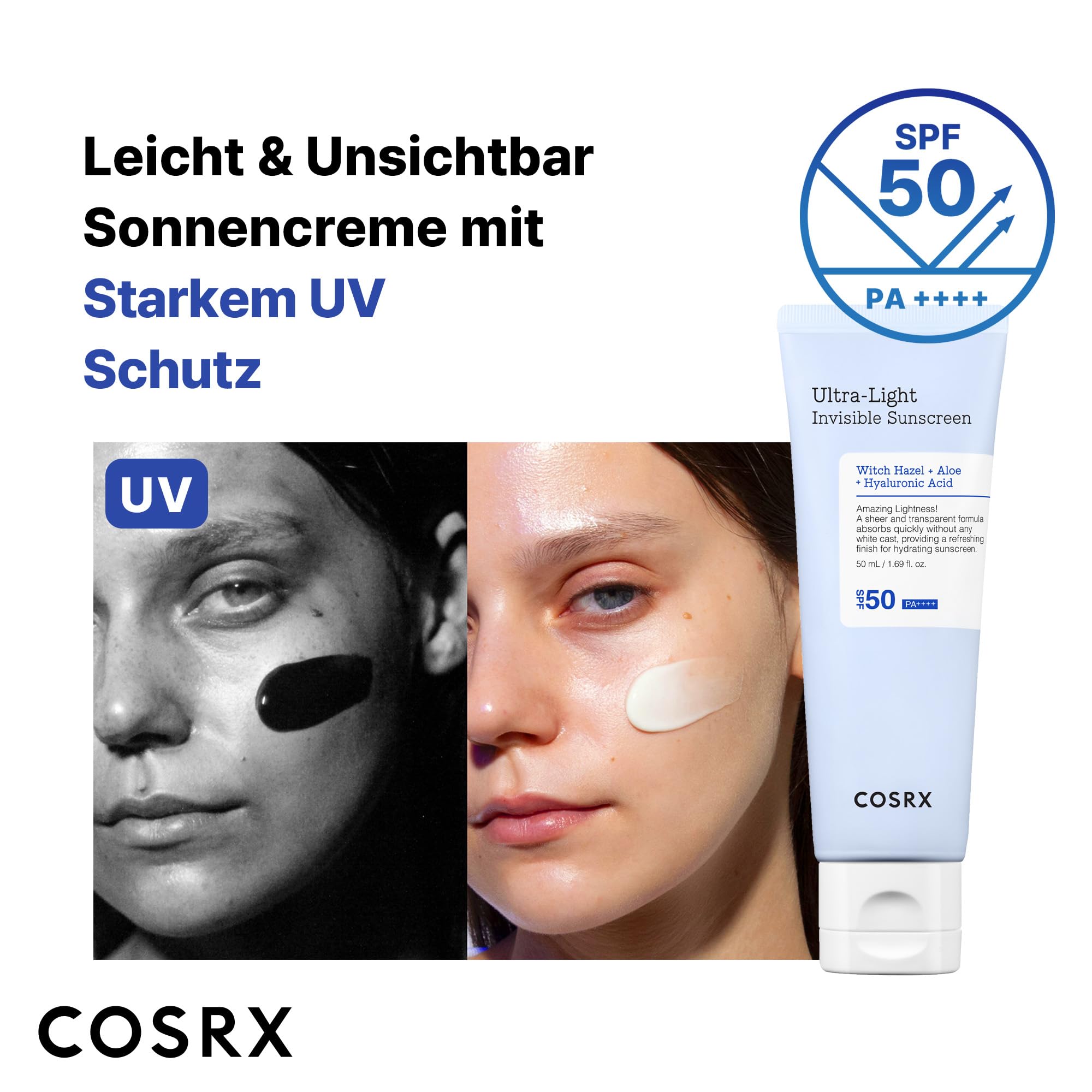 COSRX Ultra-Leichte Unsichtbare Sonnencreme LSF 50 Transparenter Sonnenschutz mit Hyaluronsäure, Kein Weißer Schleier, Nicht fettend, Starker UV-Schutz, Sonnenpflege, Koreanische Sunscreen 50 ml 4