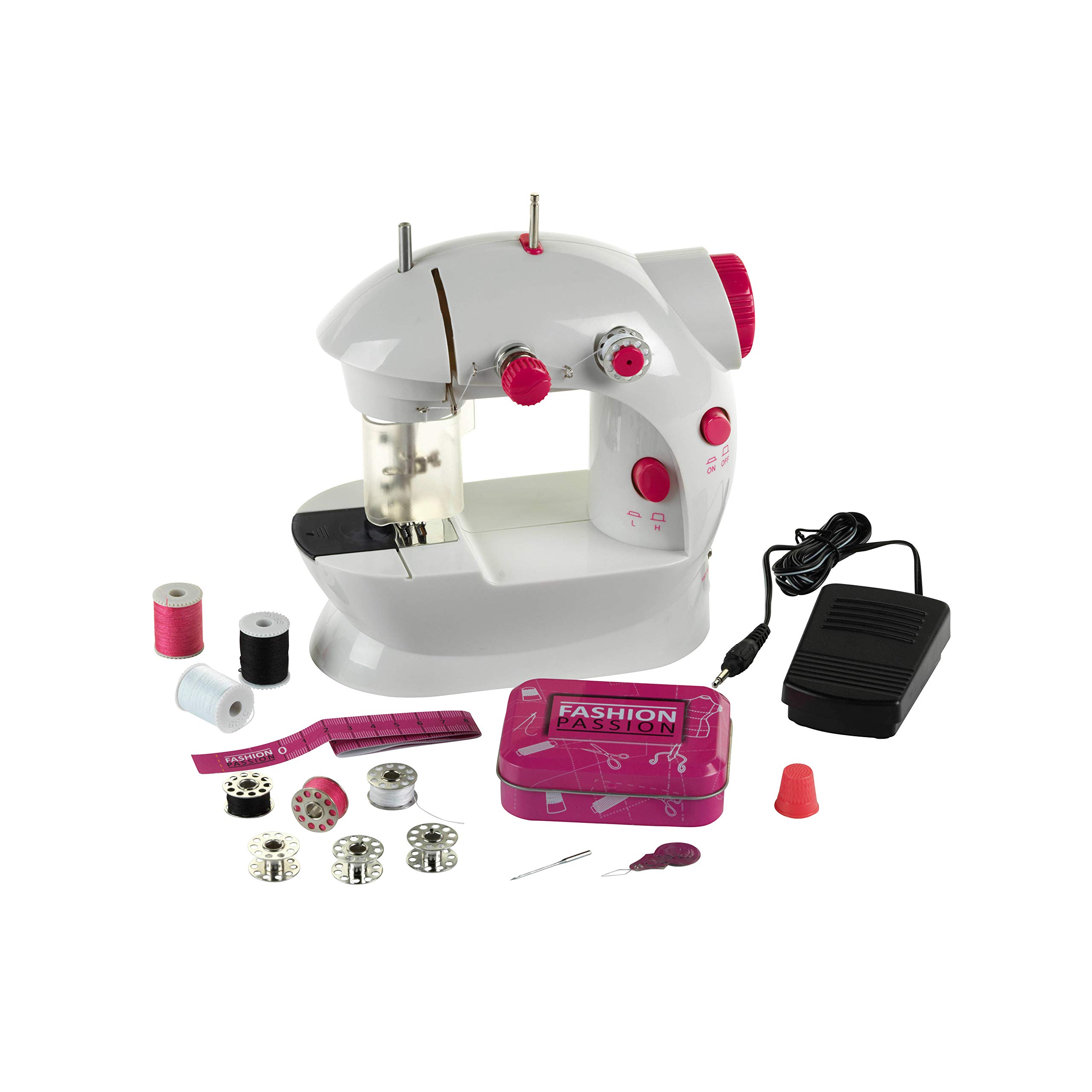 Theo Klein 7901 Fashion Passion Children's Sewing Machine I With Foot Pedal, 2 Speed Settings and Lots of Accessories I Dimensions: 19.5 cm x 12.5 cm x 20 cm I Toy for Children Aged 8 Years and Up, Multi - Colored