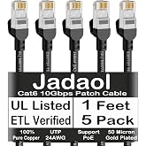 Jadaol [UL Listed] Cat 6 Ethernet Cable 1ft 5Pack 10Gbps 24AWG PoE++, Black | 550MHz, Pure Copper, Gold-Plated, Snagless Cat6 RJ45 Network LAN Patch Cable for Patch Panel to Switch, Router, Modem, Server