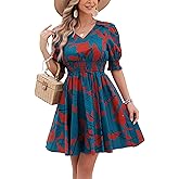 Kormei Women's Floral Print V Neck Dress Short Puff Sleeve Smocked Waist Ruffle Hem Flare Short Dress