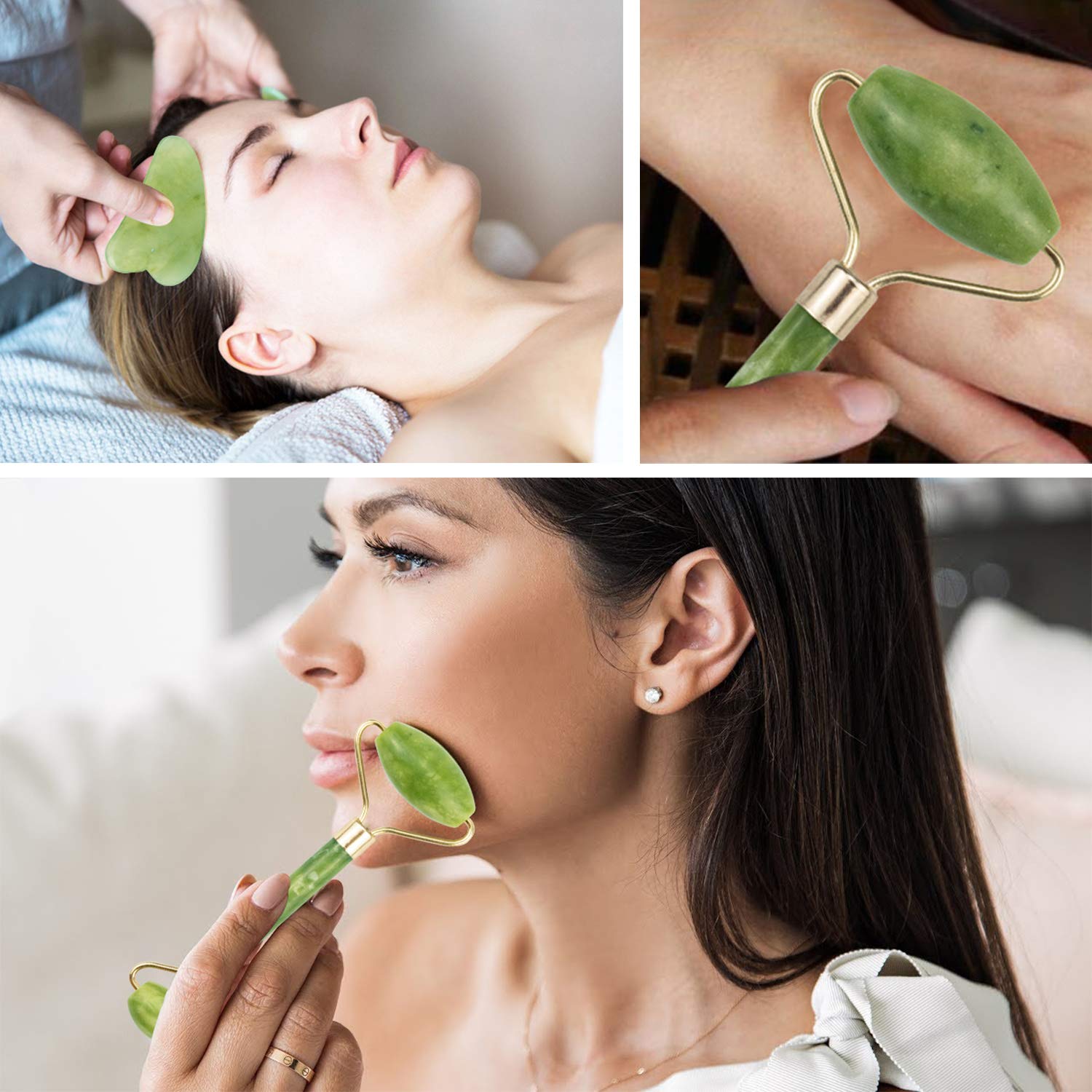 EAONE 2 Pack Jade Roller Eyes Facial Massage Kits Skin Roller with 2Pcs Face Gua Sha Tools for Face, Eyeball, Neck, Body Massage: Beauty