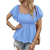 theYoChao Womens Square Neck Ruffle Short Sleeve Peplum Tops Cute Smocked Babydoll Summer Blouses