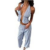 WDIRARA Women's Striped 2 Piece Set Tie Backless Sleeveless Halter Top & Wide Leg Pants Outfits Suit