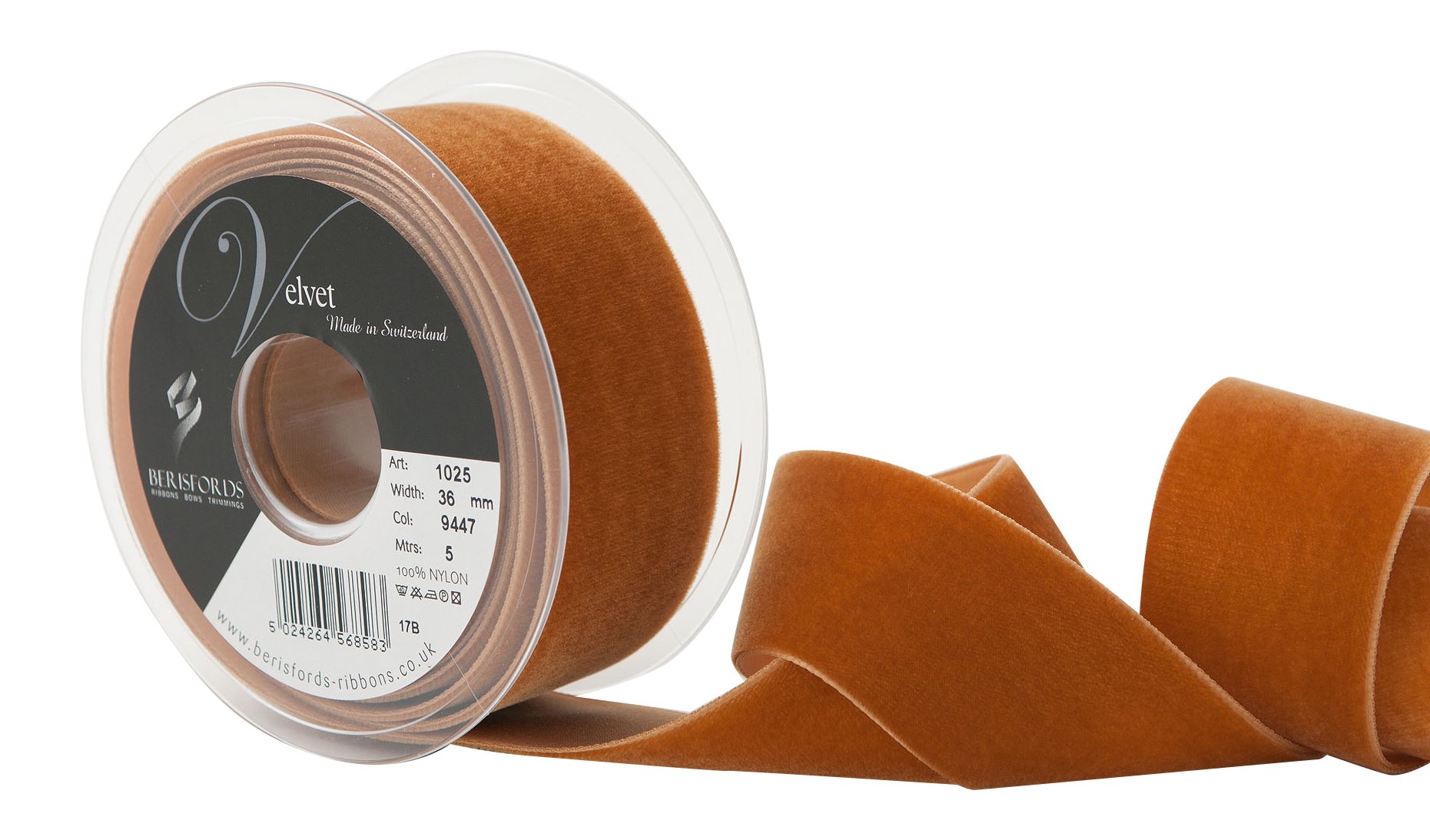 Berisfords Velvet Ribbon, Velvet, Copper, 10.2 x 3.6 x 10.2 cm, 5