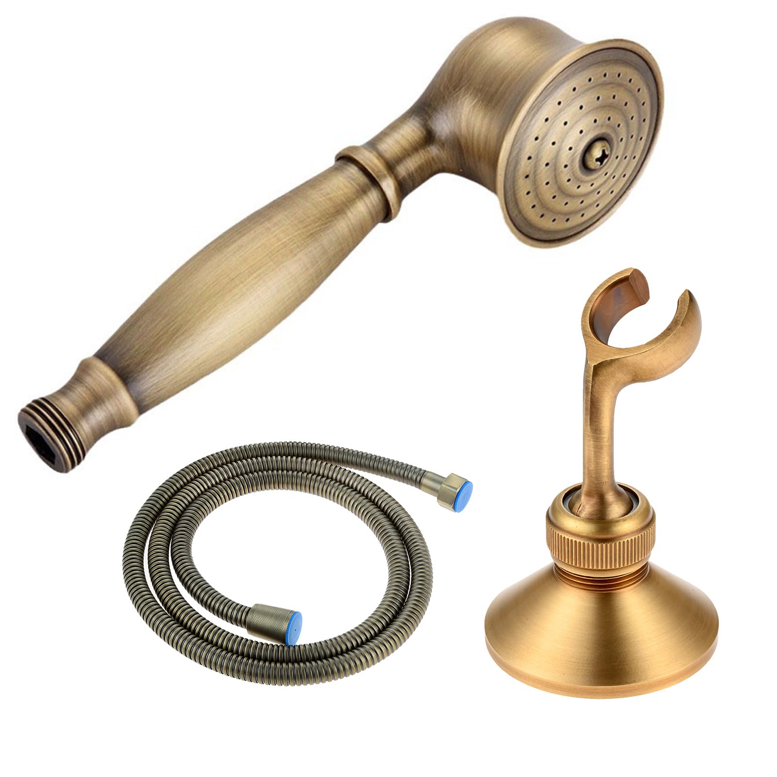 DRELD 3Pcs Retro Shower Set, 1 Brass Hand Shower, 1 1.5m Shower Hose and 1 Shower Head Holder, Nostalgic Brass Shower Kit Antique Shower Head Hand Shower Set (Golden)