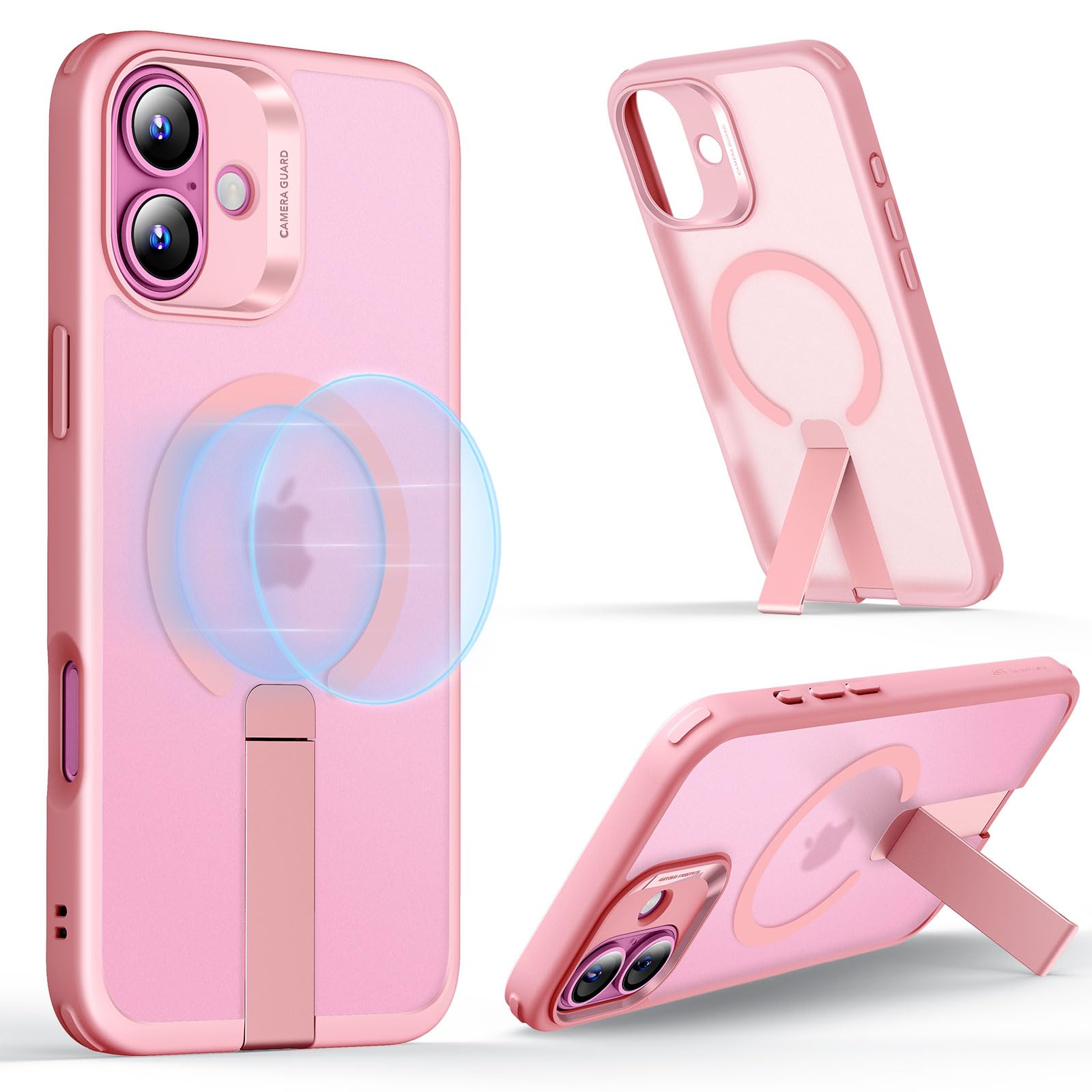 Photo 1 of ESR for iPhone 16 Case with Stand, Compatible with MagSafe, Magnetic Kickstand Case for iPhone 16, Military-Grade Protection Shockproof Case, Boost Series, Frosted Pink