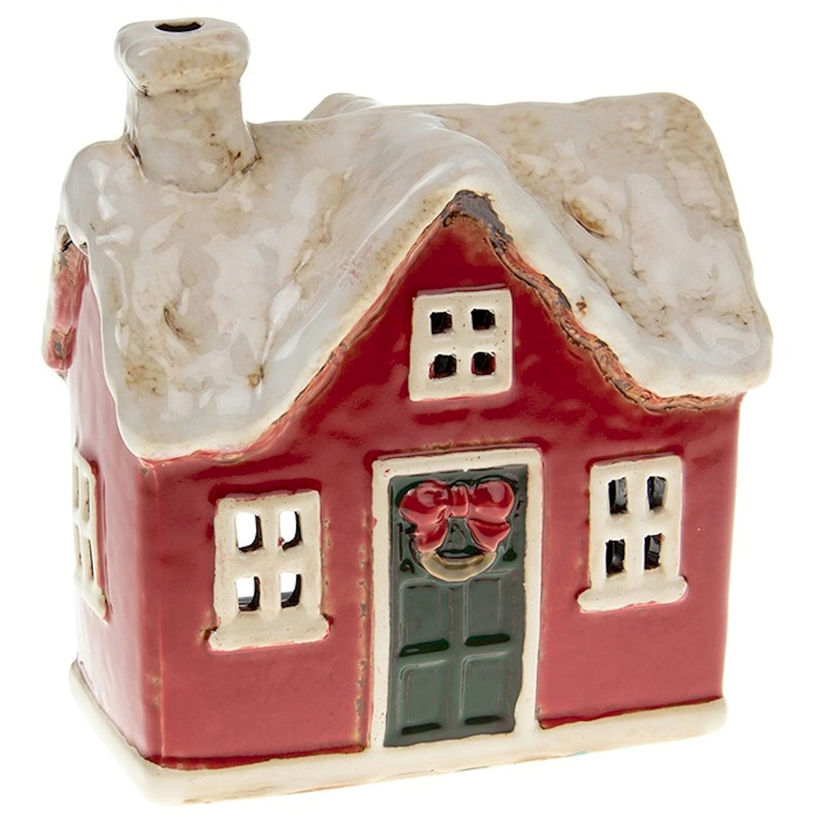 Village Pottery Snowy Christmas Cottage Small Tealight Holder, Green,red