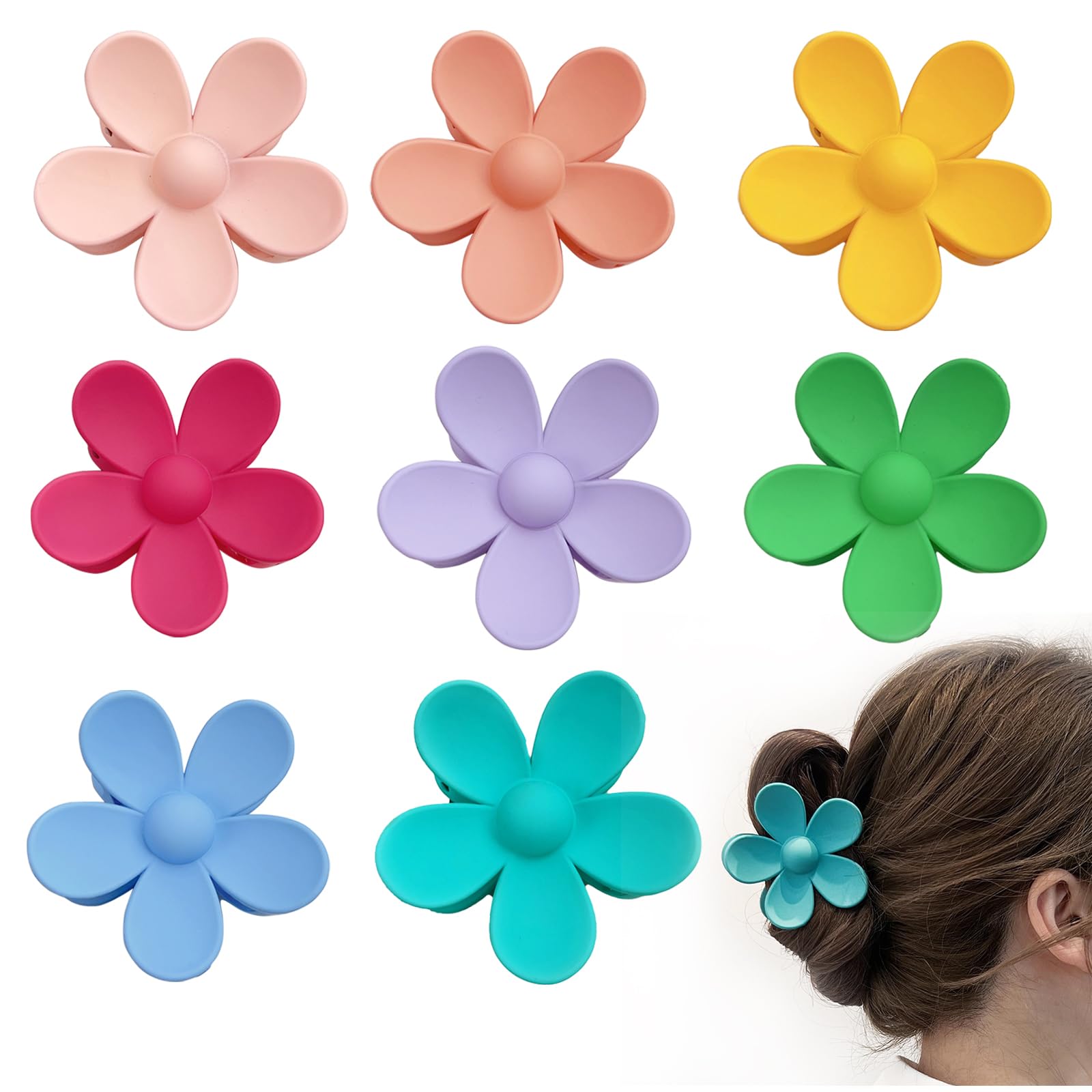 Matte Flower Hair Clips - 8 Pcs Non-Slip ABS Strong Hold Jaw Clamps for Women & Girls (8 Colors)
