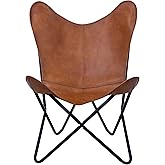 Shy Shy Let’s Touch The Sky Butterfly Chair - Tan Leather Living Room Chair with Black Metal Base (Iron Frame with Tan Cover)