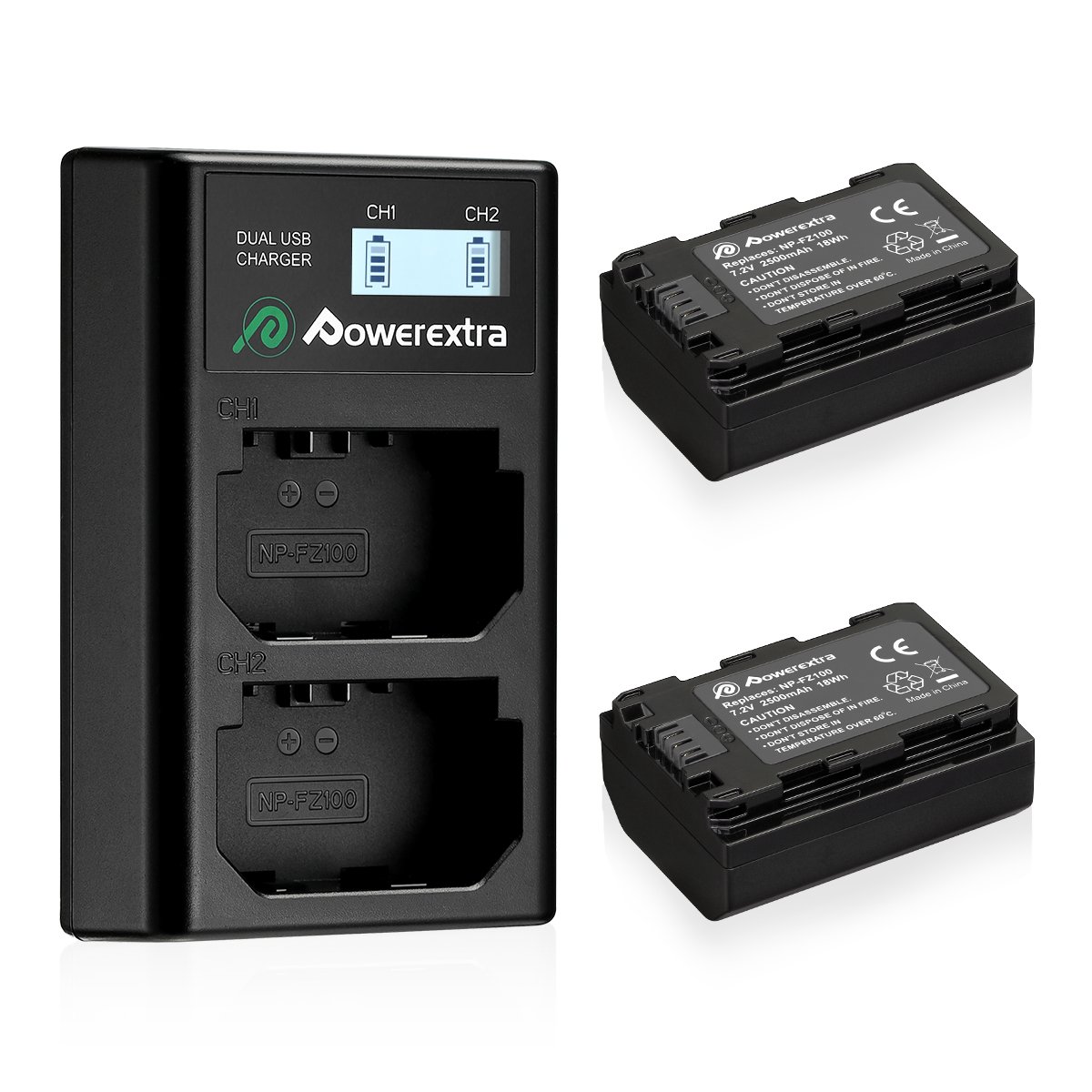 Powerextra NP-FZ100 Battery 2 Pack and Dual LCD Charger 2500mAh,Compatible with Sony A7SIII,A7iv,FX3,FX30,A6600,A7,A1,A9,A9R,A9S,A9II,A7RM3 A7RM4,A7C,A7III,A7RIII,A7RIV Li-ion Battery
