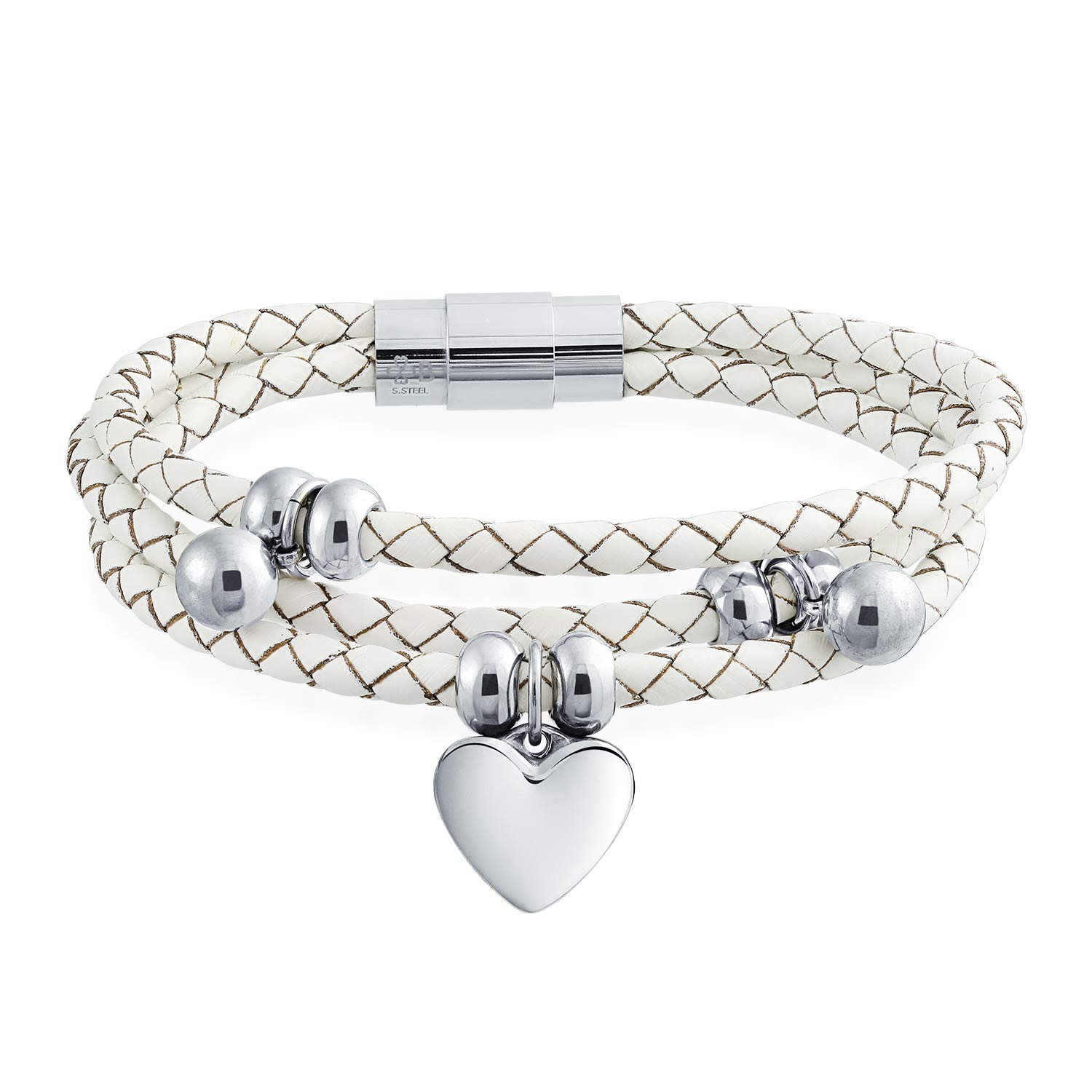 Bling Jewelry Women's White Triple Strand Braided Leather Bracelet With Dangling Heart Charms - Stainless Steel Gift For Girlfriend