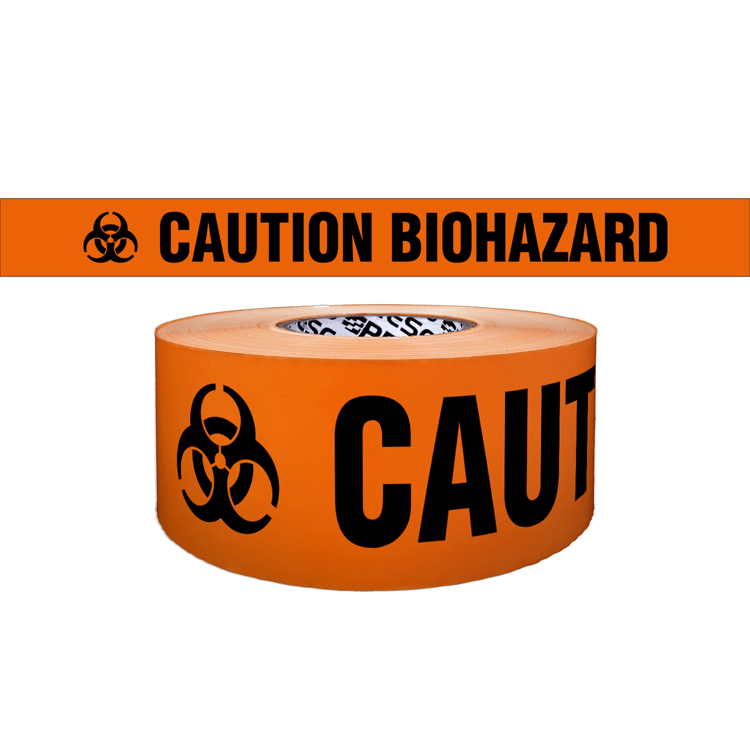 NO ADHESIVE, Presco Premium Printed Barricade Tape 3 mil thick, 3 in. x 1000 ft. (Orange with Black "CAUTION BIOHAZARD" printing)