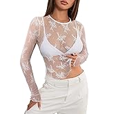MEROKEETY Womens 2026 Long Sleeve Lace Sheer Mesh Tops Undershirt Sexy See Through Going Out Crewneck Blouse Shirts