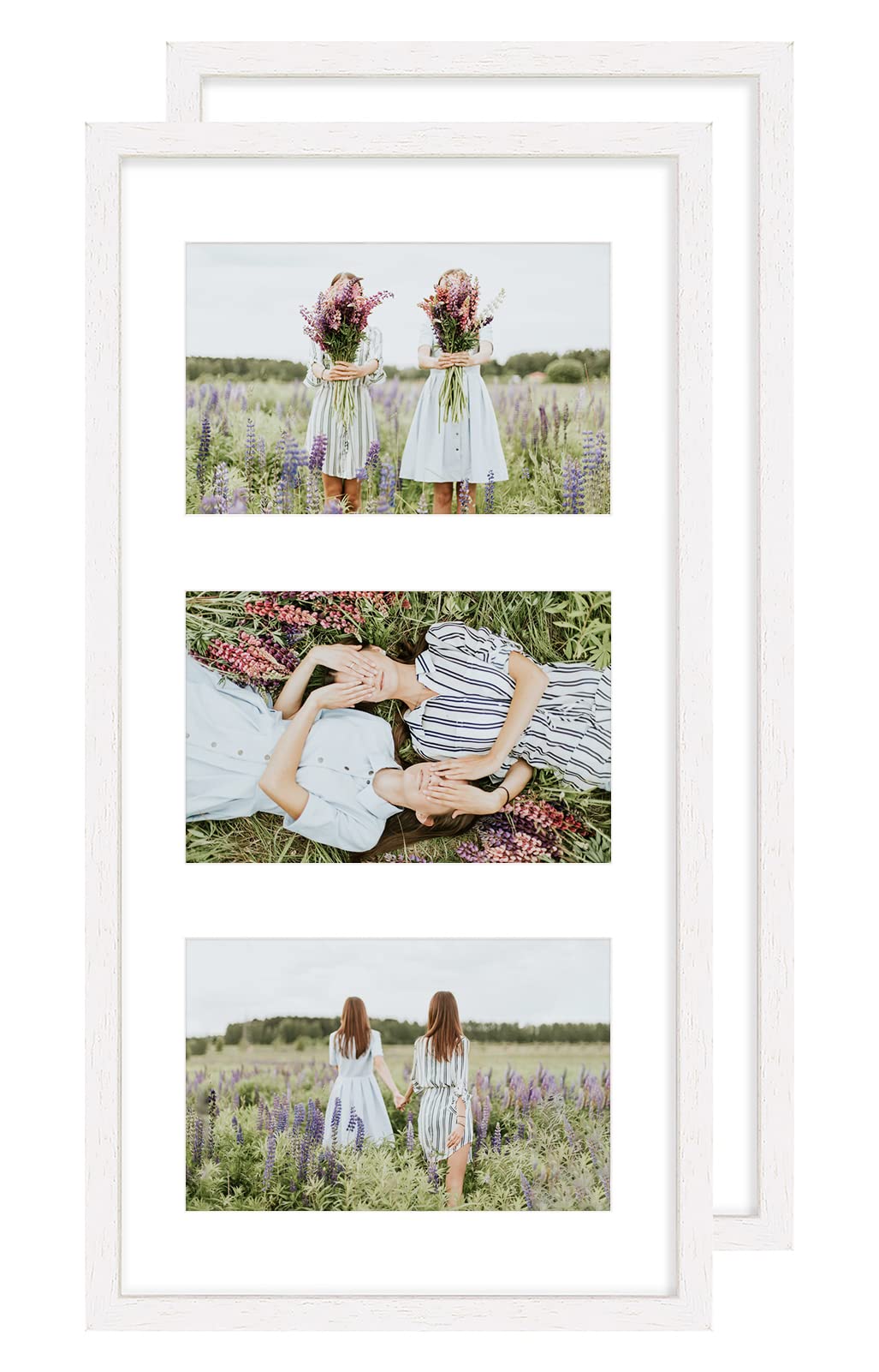 Multiple 3 Aperture Photo Frame with Mount for 10 x 15 cm (4 x 6 Inch) Images,White 6x4 Picture Frame Made of Solid Wood with Perspex Front for Wall Mount,Set of 2
