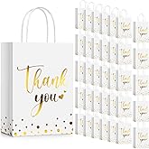 Tinlade 100 Pcs Thank You Gift Bags Bulk Paper Gold Thank You Wedding Bags with Handle for Business, Shopping, Wedding, Baby Shower, Party Favors (White)