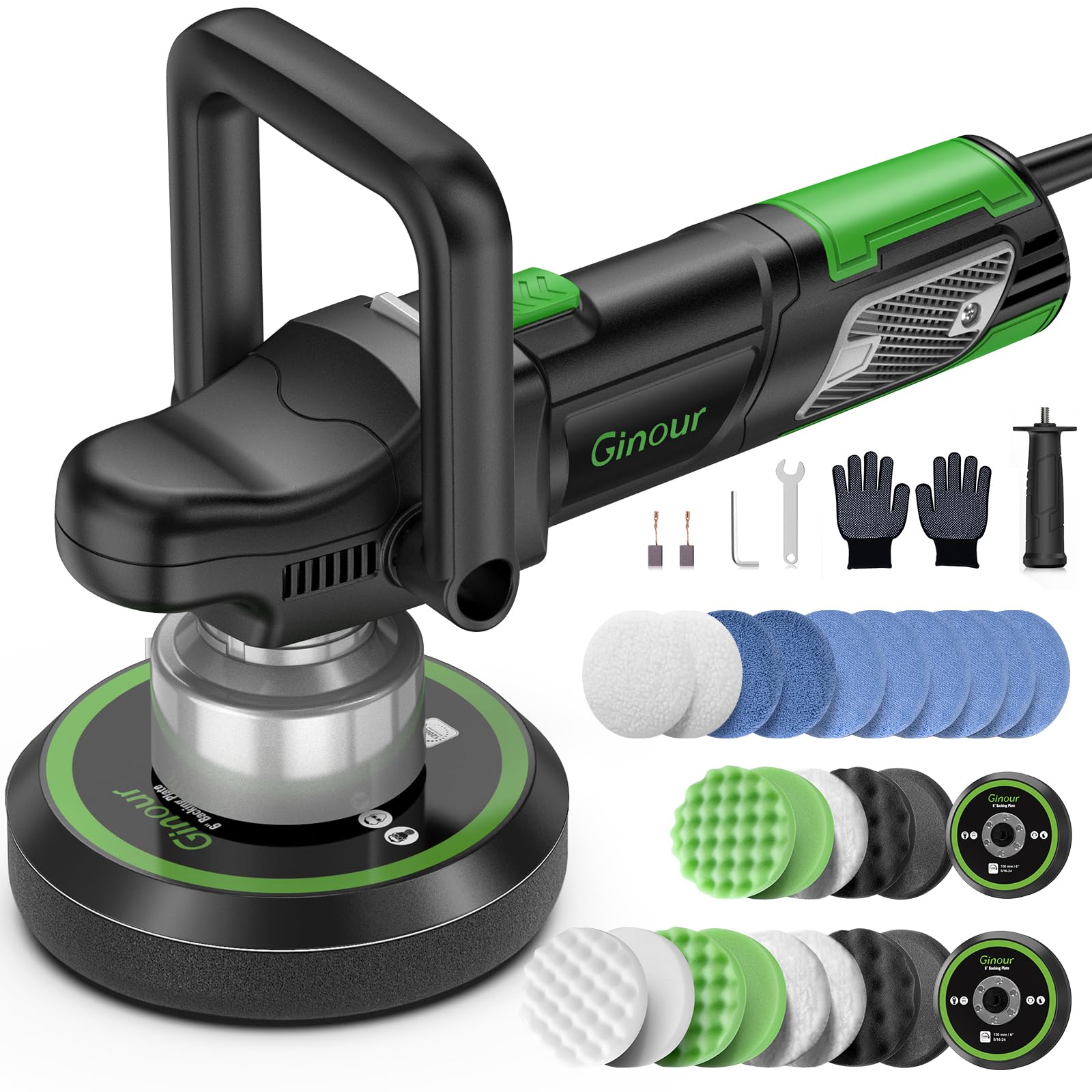 Ginour Dual Action Car Polisher for Car Detailing, 900W Car Buffer Polisher Machine, 6 Variable Speeds 2000-6400RPM, with D and Side Handles, 13 Buffing Pads, 150mm/6in, 125mm/5in Discs