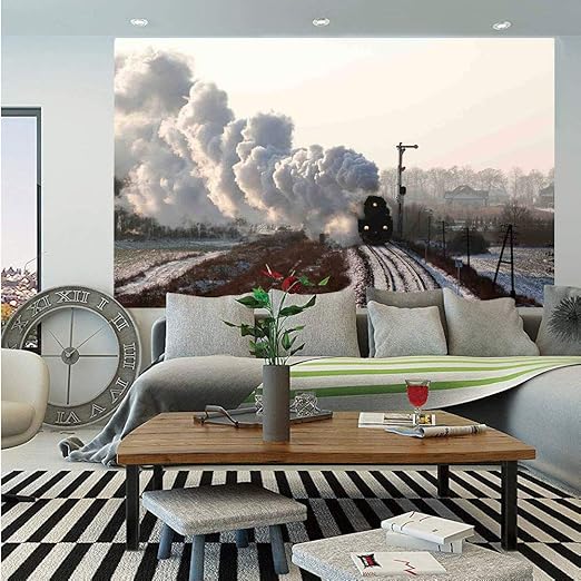 Amazon Com Sosung Steam Engine Wall Mural Train On Rails Winter