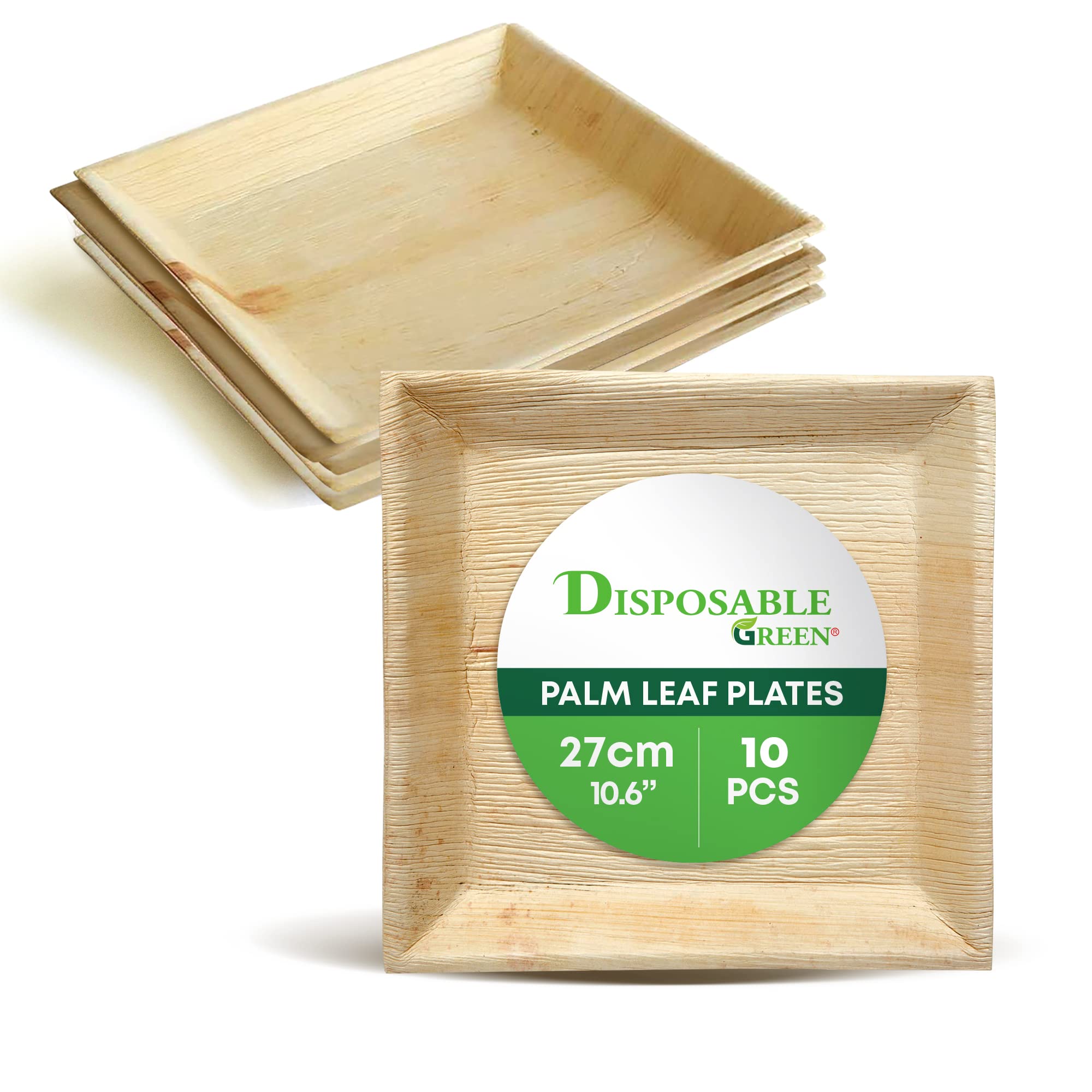 DISPOSABLE GREEN - Square Disposable Plates, Areca Leaf Serving Plates, Dinner Plates for Parties, Weddings, Catering, & More, Disposable Plates for Hot Food & Cold Food, 27L x 27W x 3D cm, 10-Pcs