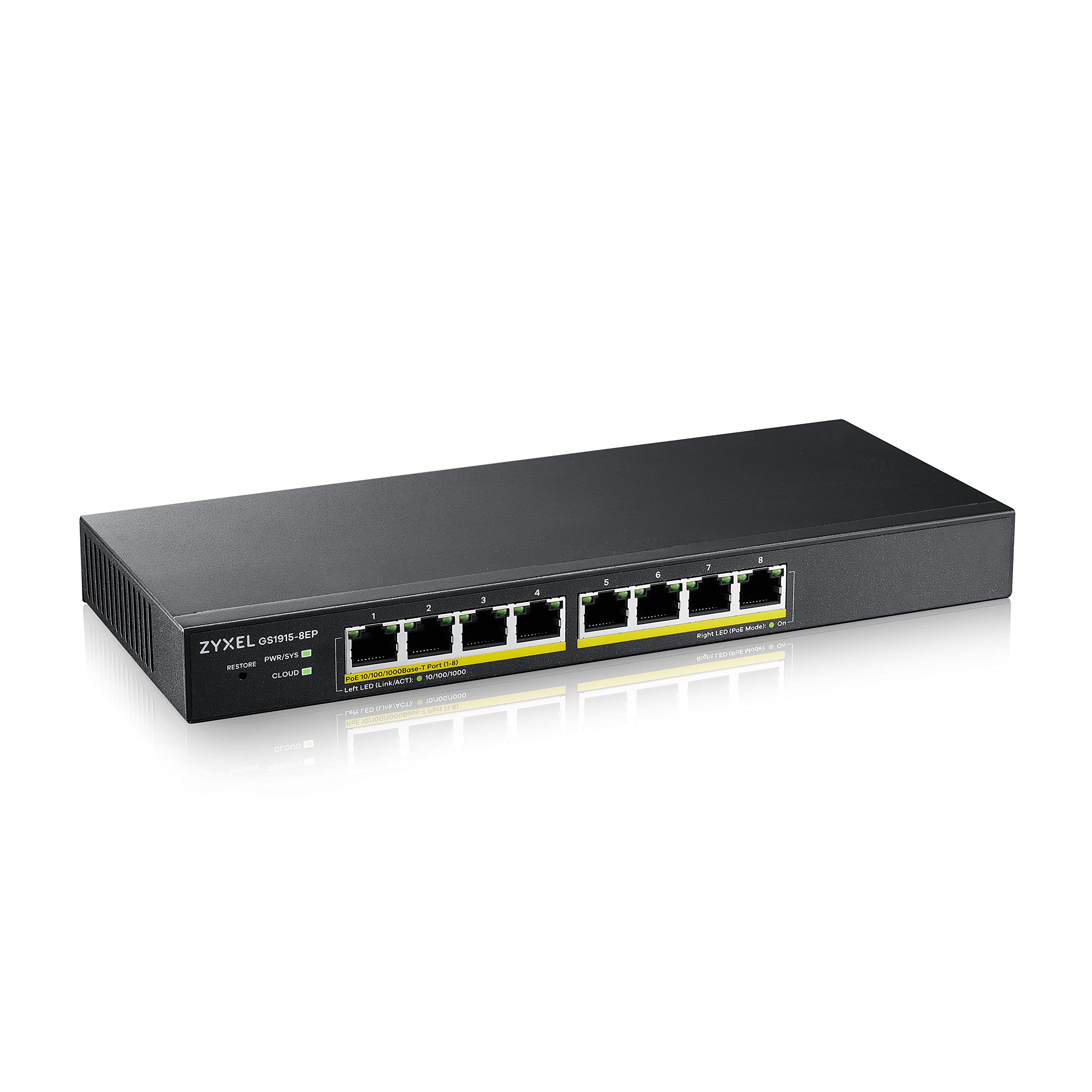 Zyxel 8 Port PoE Switch | Smart Managed | Gigabit Network Ethernet Switch | 8x GbE PoE+ with 60W Budget | Desktop or Wall Mount | Fanless | NebulaFlex Cloud | Power Adapter Included | GS1915-8EP
