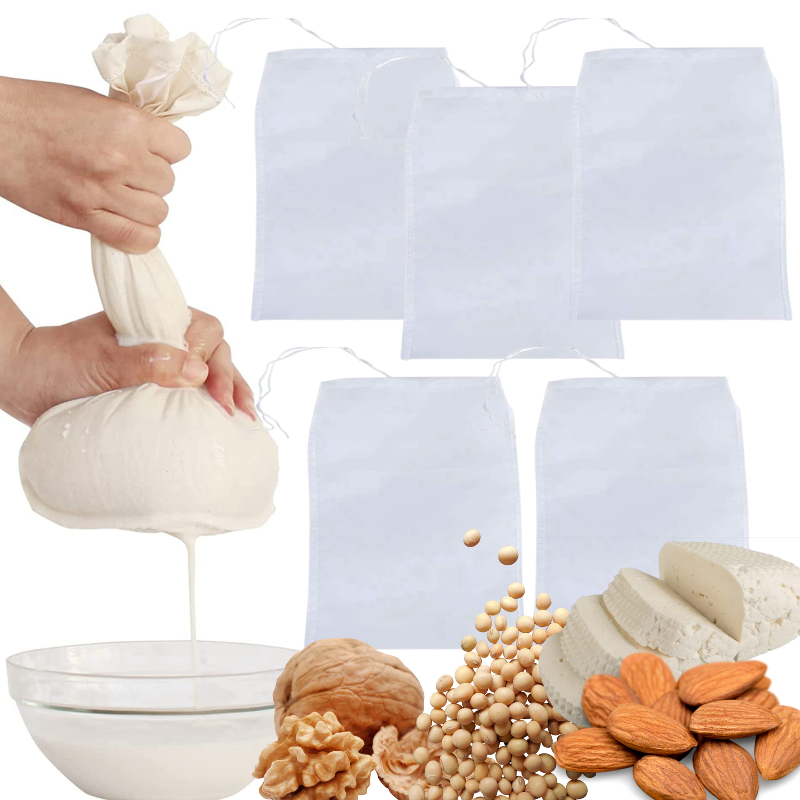 Maname® 5 Reusable Cloth Bags for Filtering Vegetable Milk Cheese Coffee Jelly Fabric Strainer Cheesecloth Kitchen 3 Large 20*30cm + 2 XL 24*36cm Nut Milk Bag Cheesecloth