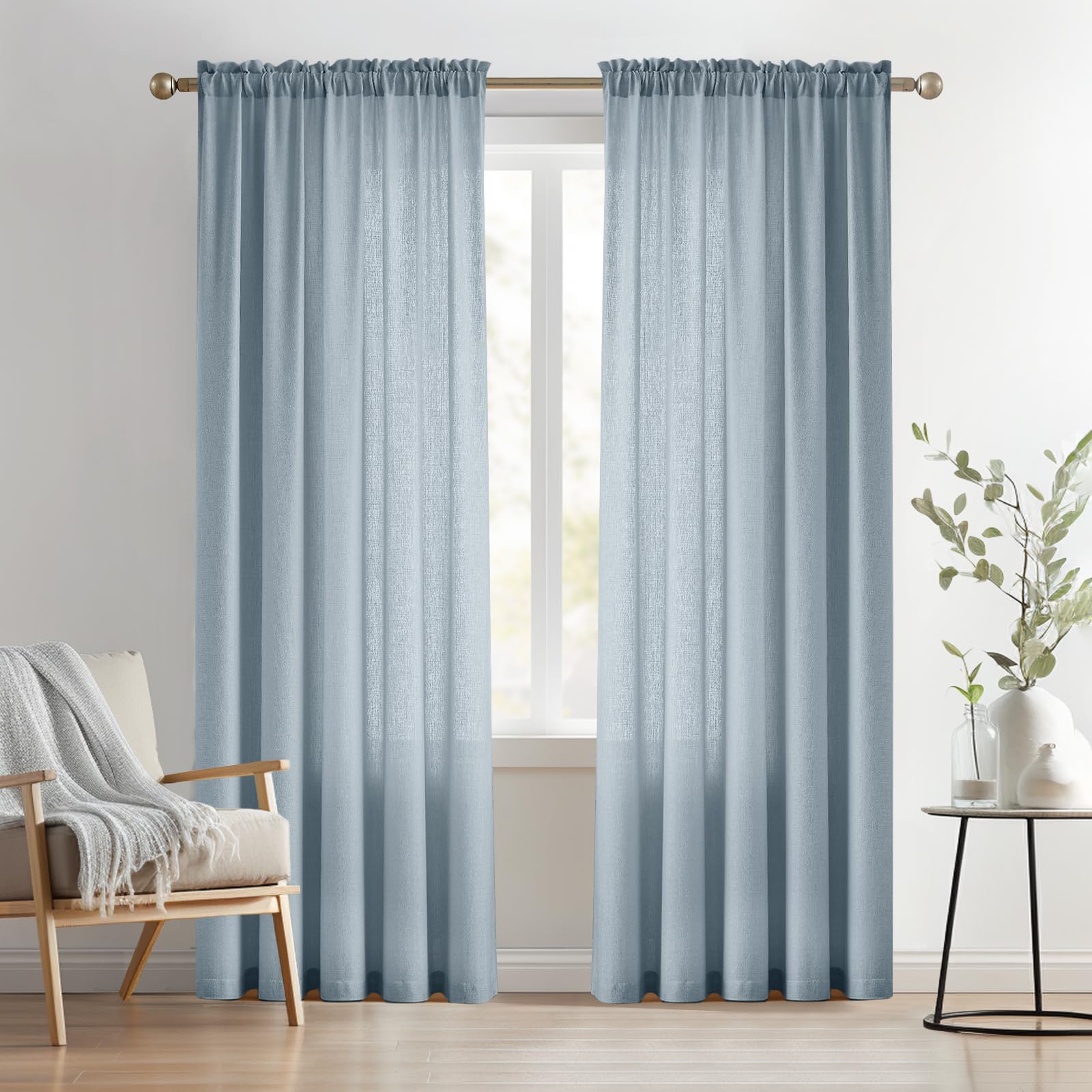 Melodieux Dusty Blue Semi Sheer Curtains 96 Inches Long for Living Room, Bedroom Faux Linen Textured Light Filtering Shiny Curtains Thick Sheer Drapes Rod Pocket, 52" W x 96" L, 2 Panels