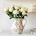 Vintage Beige and Green Floral Ceramic Vase with Handle, Retro Ice Glazed Crack Farmhouse Pitcher Vase for Home Decor, Living Room, Shelf, Office, Rustic Table Centerpiece 8 Inch