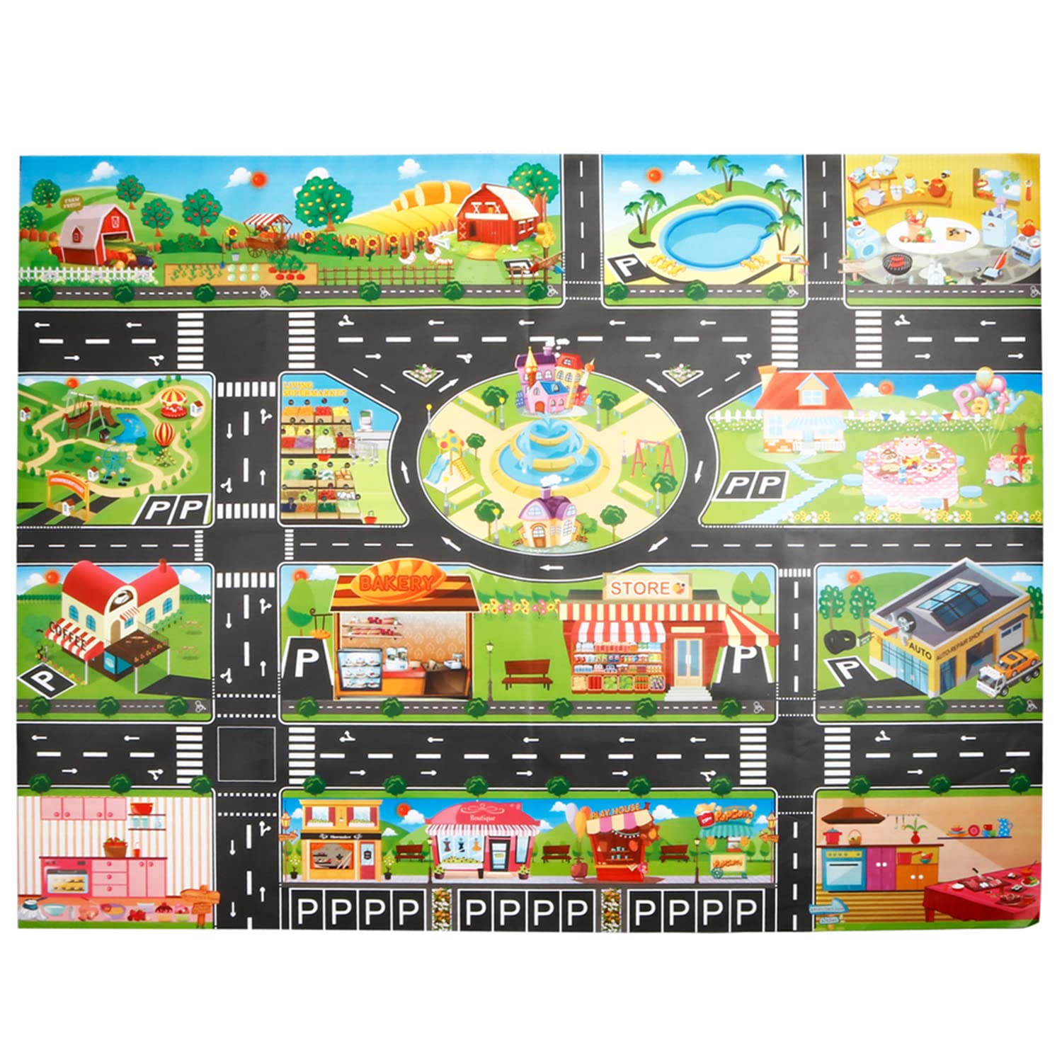 JTMM PVC Road Mat,Plastic Carpet Playmat Waterproof City Life Great for Educational Road Traffic Mat- Large Learning Carpets