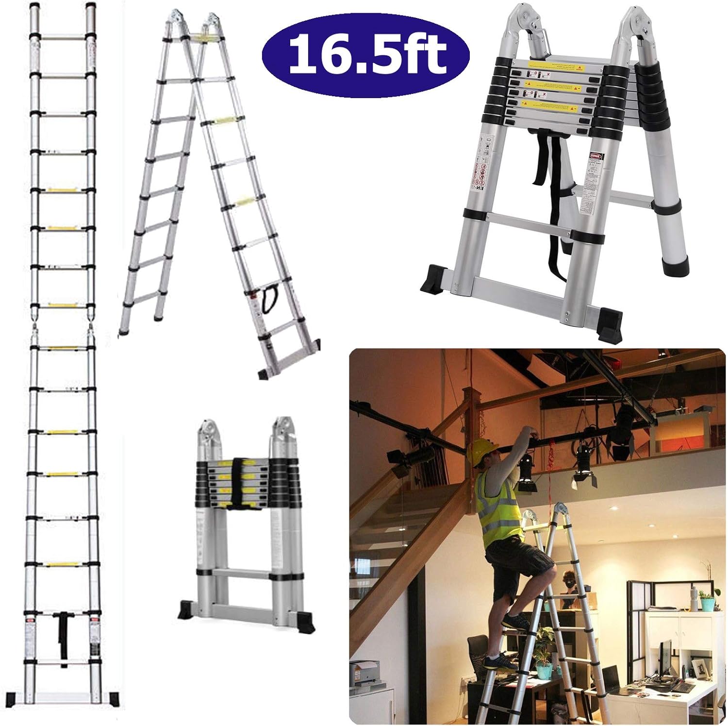16.5FT 5 Metre Telescoping Extension Ladders AFrame 2.5M+2.5M Extendable Folding Stepladder