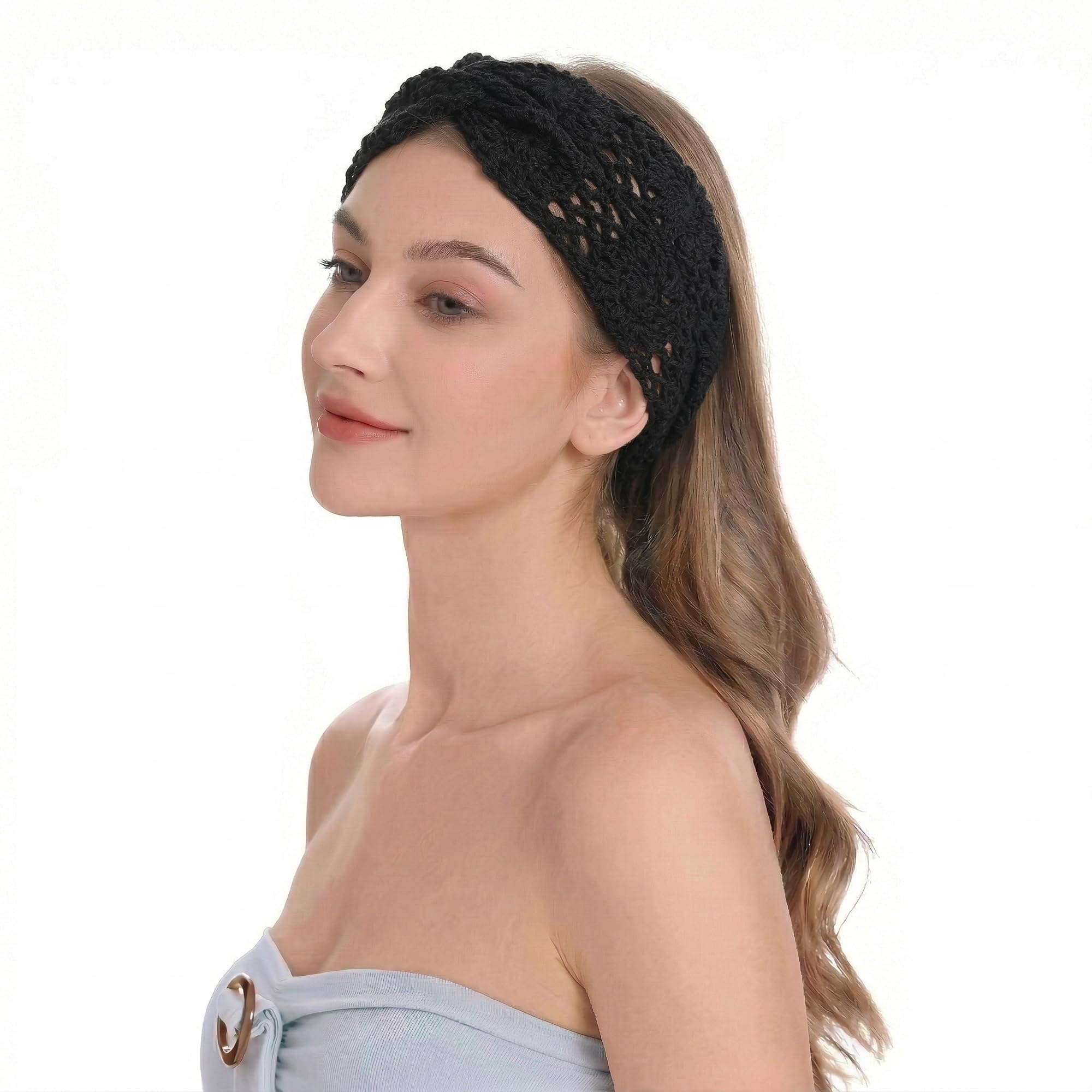 ZLYC Women Floral Headband Handmade Crochet Knit Vintage Hair Bands(Twist Knotted Black)