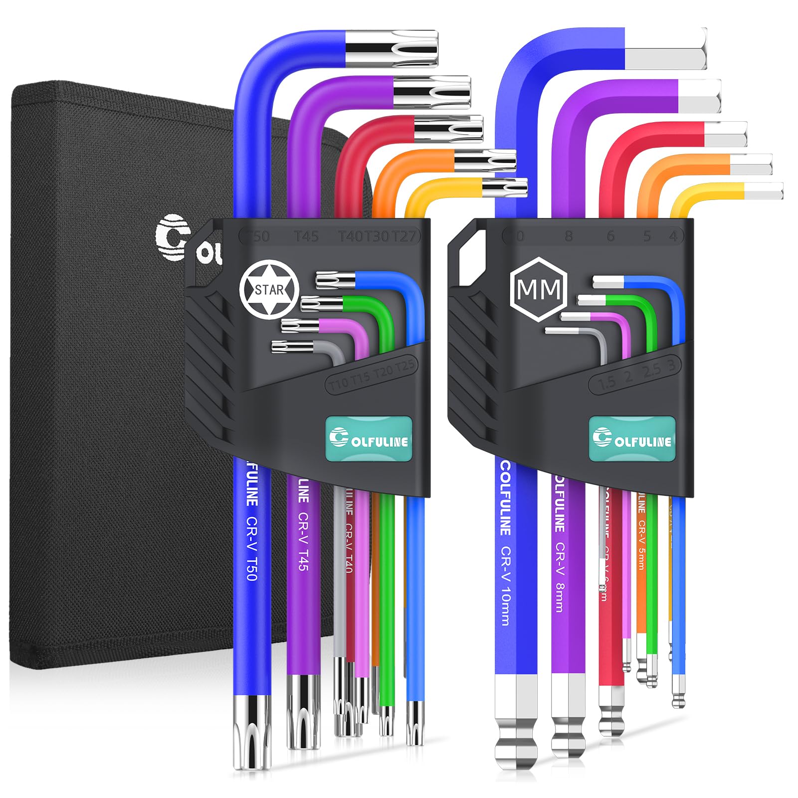COLFULINE 18PCS Allen Key Set & Star Key Set with Storage Bag, Alan Keys Sets with Colour Coding, Metric Long Allen Keys Sizes 1.5mm-10mm, T10-T50 for Furniture Assembly, Bicycle Repair, Household DIY