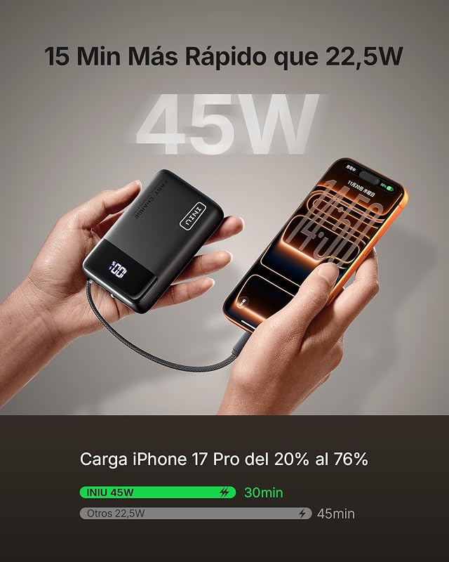 INIU Power Bank, Pequena Bateria Externa de 45W 20000mAh com Cabo USB-C Integrado, USB C In&out PD3.0 QC4.0 Fast Charge Portable Battery para iPhone 16 15 14 13 Pro MAX Samsung S22 S21 S20 iPad etc