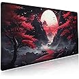 Black Red Japanese Mouse Pad XXL Moon Sakura Cherry BLoosm Tree Extended Table Mat 90X40 cm Non-Slip Rubber Base Stitched Edge Large Mousepad for Gaming Laptop Computer Desk Top 35.4×15.7 Inch