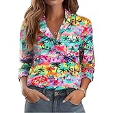 Hawaiian Shirts for Women Plus Size: Cool Summer Luau Shirt Hawaii Tropical V Neck Button up Tops