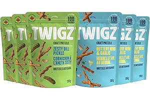 TWIGZ Craft Pretzel Sticks Variety Pack - Zesty Dill & Buttery Herb & Garlic Flavors | Pack of 6 Individual Bags (130g each) 